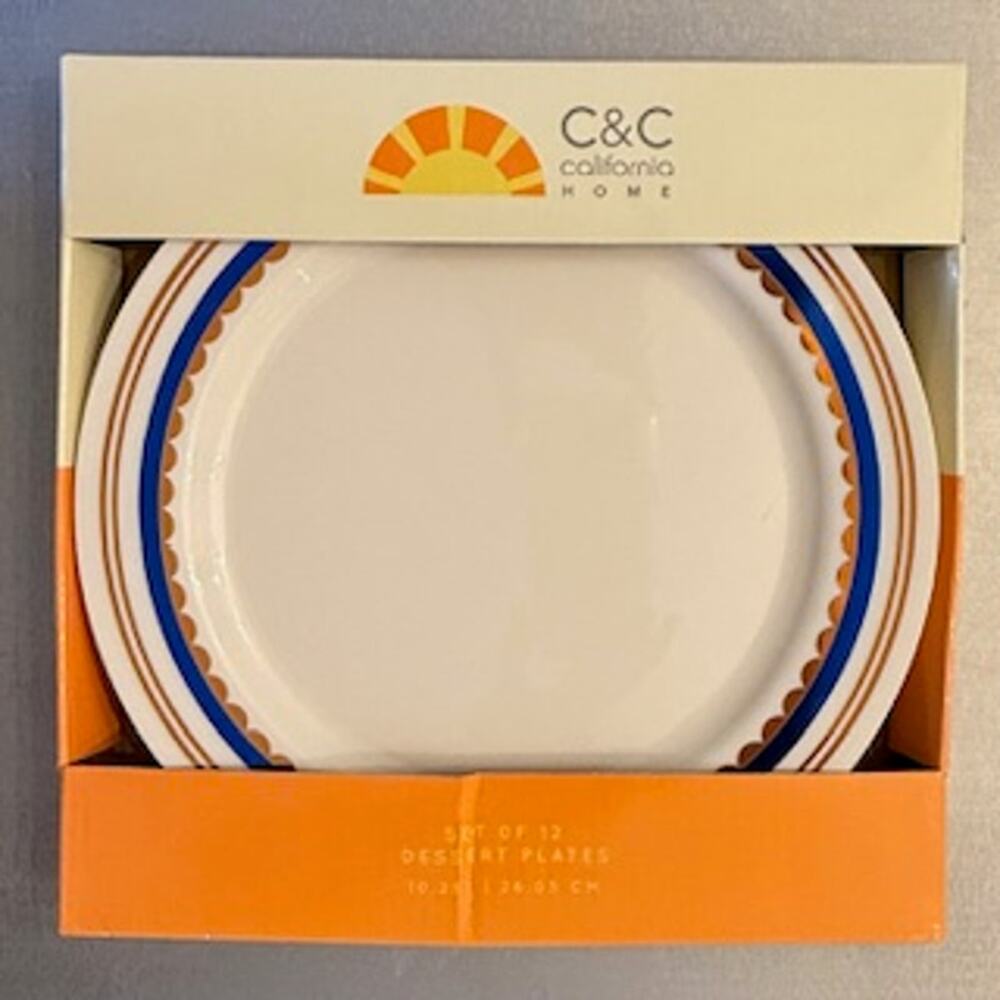 NIB Set of 12 10" Dessert Plate Blue & Gold Disposable C&C California Home